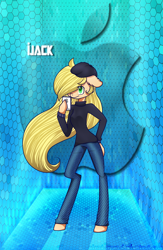 Size: 1500x2300 | Tagged: safe, artist:gnidagovnida, imported from derpibooru, applejack, anthro, earth pony, apple (company), arm hooves, beatnik, beret, clothes, female, hair over one eye, hoof hold, jeans, pants, solo, sweater, turtleneck