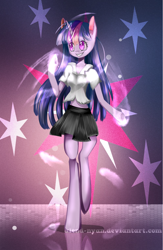 Size: 1500x2300 | Tagged: safe, artist:gnidagovnida, imported from derpibooru, twilight sparkle, anthro, arm hooves, clothes, female, midriff, skirt, solo