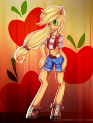 Size: 1500x1999 | Tagged: safe, artist:gnidagovnida, imported from derpibooru, applejack, earth pony, pony, semi-anthro, arm hooves, belly button, bipedal, clothes, female, hatless, midriff, missing accessory, solo, wink