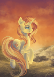 Size: 2480x3508 | Tagged: safe, artist:katyand, imported from derpibooru, sunset shimmer, pony, unicorn, female, lidded eyes, raised hoof, solo, sunset