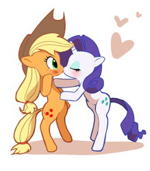 Size: 700x800 | Tagged: safe, artist:quizia, imported from derpibooru, applejack, rarity, earth pony, pony, unicorn, bipedal, blushing, duo, female, heart, kissing, lesbian, mare, rarijack, shipping