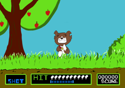 Size: 1024x724 | Tagged: safe, artist:manfartwish, imported from derpibooru, winona, dog, parasprite, apple tree, crossover, duck hunt, female, laughing, nintendo, solo, tree