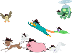 Size: 1047x763 | Tagged: safe, imported from derpibooru, angel bunny, gummy, opalescence, owlowiscious, tank, winona, alligator, bird, cat, dog, owl, pig, platypus, rabbit, tortoise, animal, crossover, gravity falls, hat, o.w.c.a, perry the platypus, pets, phineas and ferb, secret agent, simple background, transparent background, waddles, wholesome