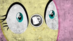 Size: 1920x1080 | Tagged: safe, artist:ciderparty, imported from derpibooru, fluttershy, cider, cyan eyes, grunge, logo, mane, pink mane, wallpaper