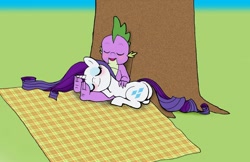 Size: 1024x663 | Tagged: safe, artist:bico-kun, imported from derpibooru, rarity, spike, dragon, pony, unicorn, duo, female, male, mare, shipping, sleeping, sparity, straight, tree