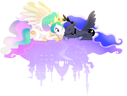 Size: 1280x964 | Tagged: safe, artist:quizia, imported from derpibooru, princess celestia, princess luna, cute, eyes closed, horns are touching, royal sisters, siblings, sisters