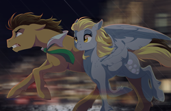 Size: 1000x650 | Tagged: safe, artist:dvixie, deleted from derpibooru, imported from derpibooru, derpy hooves, doctor whooves, time turner, pegasus, pony, female, mare, rain, running, scrunchy face