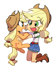 Size: 351x444 | Tagged: safe, artist:baekgup, imported from derpibooru, applejack, pony, equestria girls, applejack's hat, clothes, cowboy hat, cute, freckles, hat, holding a pony, human ponidox, jackabetes, kneeling, looking at each other, open mouth, simple background, square crossover, weapons-grade cute, white background