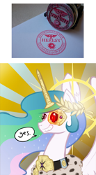 Size: 759x1375 | Tagged: safe, artist:sanity-x, imported from derpibooru, princess celestia, cyborg, armor, clothes, god empress of ponykind, god-emperor of mankind, heresy, inquisition, iron halo, ponified, stamp, warhammer (game), warhammer 40k