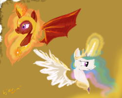 Size: 2500x2000 | Tagged: safe, artist:lol-katrina, imported from derpibooru, nightmare star, princess celestia, duality, spread wings