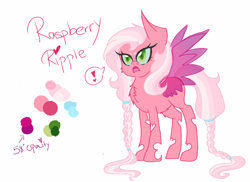 Size: 1095x798 | Tagged: safe, artist:citrusskittles, imported from derpibooru, oc, oc only, oc:raspberry ripple, changeling, changepony, hybrid, pegasus, pony, color palette, female, interspecies offspring, magical lesbian spawn, offspring, parent:oc:fluffle puff, parent:queen chrysalis, parents:canon x oc, parents:chrysipuff, pink changeling, simple background, solo, white background