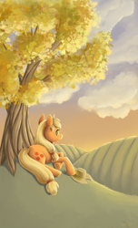 Size: 600x987 | Tagged: safe, artist:thiefofcookies, artist:zaphy1415926, imported from derpibooru, applejack, female, prone, solo, sunset, tree