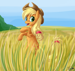 Size: 1350x1283 | Tagged: safe, artist:sofua, imported from derpibooru, applejack, female, field, looking at you, rearing, solo, standing, wheat