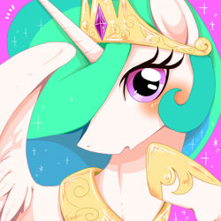 Size: 2000x2000 | Tagged: safe, artist:kiriya, imported from derpibooru, princess celestia, alicorn, pony, blushing, bust, crown, cute, cutelestia, female, hoof shoes, jewelry, looking at you, mare, pixiv, portrait, regalia, solo