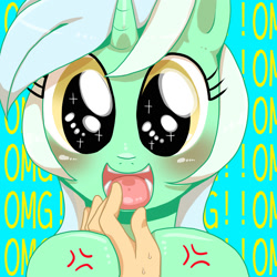 Size: 2000x2000 | Tagged: safe, artist:kiriya, imported from derpibooru, lyra heartstrings, human, pony, unicorn, blushing, cross-popping veins, cute, eyes on the prize, female, fetish, hand, hand fetish, happy, hoof hold, mare, offscreen character, omg, open mouth, pixiv, pov, smiling, solo focus, starry eyes, that pony sure does love hands, vein, wingding eyes