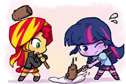 Size: 300x200 | Tagged: safe, artist:baekgup, imported from derpibooru, sunset shimmer, twilight sparkle, equestria girls, rainbow rocks, chibi, duo, food, hammer, mochi, rice cake, twilight sparkle (alicorn)