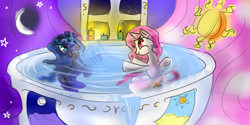 Size: 1366x685 | Tagged: safe, artist:llamacreator, imported from derpibooru, princess celestia, princess luna, bathing, cewestia, filly, splashing, woona