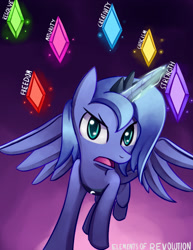 Size: 695x900 | Tagged: safe, artist:negativefox, imported from derpibooru, princess luna, artifact, female, glare, looking at you, magic, open mouth, revolution, solo, spread wings