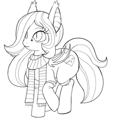 Size: 1113x1227 | Tagged: artist needed, safe, artist:zuyoi, imported from derpibooru, oc, oc only, oc:arrhythmia, bat pony, pony, bat pony oc, bat wings, clothes, looking up, monochrome, scarf, solo, wings