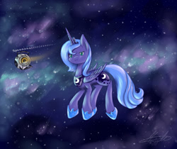 Size: 876x737 | Tagged: safe, artist:silviawinter, imported from derpibooru, princess luna, crossover, female, portal, portal (valve), portal 2, s1 luna, solo, space, space core