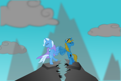 Size: 3000x2000 | Tagged: safe, artist:kalleflaxx, imported from derpibooru, trixie, oc, pony, unicorn, female, fight, glasses, goggles, male, mare, mountain, sissy slap fight