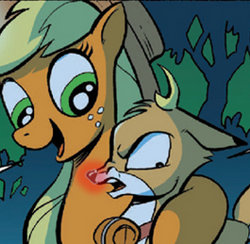 Size: 265x259 | Tagged: safe, edit, idw, imported from derpibooru, applejack, bramble, deer, spoiler:comic, spoiler:comic27, out of season, rudolph the red nosed reindeer