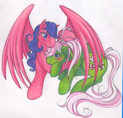 Size: 575x555 | Tagged: safe, artist:tearsofthunder, imported from derpibooru, firefly, minty, blushing, female, g1, g3, hug, lesbian, mintyfly, shipping, traditional art, winghug