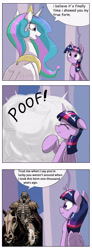 Size: 1737x4737 | Tagged: safe, artist:otakuap edit, imported from derpibooru, princess celestia, twilight sparkle, alicorn, pony, berserk, celestia's true form, character to character, comic, exploitable meme, female, mare, meme, skull knight, twilight sparkle (alicorn)