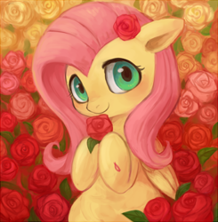 Size: 560x572 | Tagged: safe, artist:kei05, imported from derpibooru, fluttershy, pegasus, pony, blushing, cute, female, flower, flower in hair, looking at you, mare, pixiv, rose, shyabetes, smiling, solo