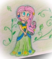 Size: 1024x1176 | Tagged: safe, artist:candycorporation, imported from derpibooru, fluttershy, human, clothes, dress, female, gala dress, humanized, solo, traditional art