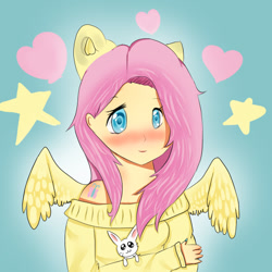 Size: 700x700 | Tagged: safe, artist:littlenekosfan, imported from derpibooru, angel bunny, fluttershy, human, clothes, eared humanization, female, humanized, solo, sweatershy, winged humanization