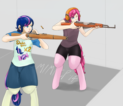 Size: 1400x1200 | Tagged: safe, artist:mimicpony, deleted from derpibooru, imported from derpibooru, oc, oc only, oc:gumdrop, oc:mumble, satyr, gun, lee enfield, left handed, parent:bon bon, parent:pinkie pie, rifle, sks