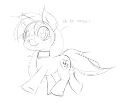 Size: 1869x1680 | Tagged: safe, artist:randy, imported from derpibooru, oc, oc only, oc:aryanne, earth pony, pony, black and white, collar, female, grayscale, happy, heart, monochrome, nazi, pet, sketch, solo, swastika, text, tongue out, walking