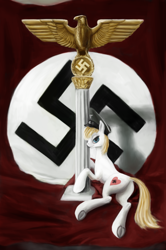 Size: 1210x1819 | Tagged: safe, artist:anonymous, imported from derpibooru, oc, oc only, oc:aryanne, 3d, bedroom eyes, butt, fascism, flag, germany, gold, hat, looking at you, nazi, pillar, plot, promotional art, prone, propaganda, realistic, reichsadler, satin, smiling, solo, swastika, underhoof