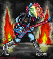 Size: 1000x1114 | Tagged: safe, artist:flutterthrash, imported from derpibooru, rainbow dash, equestria girls, rainbow rocks, death metal, electric guitar, fire, guitar, heavy metal, metal, musical instrument, slayer, solo, thrash metal