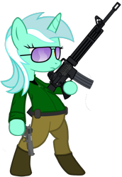 Size: 665x968 | Tagged: safe, artist:grimdark-lindy, imported from derpibooru, lyra heartstrings, c7 lsw, counter-strike, dual wield, elite crew, fenian, gun, irish republican army, m16, m1911, pistol, rifle, sunglasses, terrorist, weapon