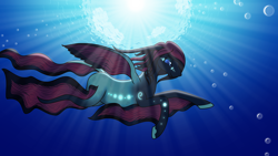 Size: 5000x2812 | Tagged: safe, artist:astralmelodia, imported from derpibooru, oc, oc only, oc:rouge indigo, merpony, bioluminescent, bubble, ocean, solo, underwater