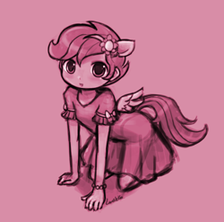 Size: 850x841 | Tagged: dead source, source needed, safe, artist:lumineko, imported from derpibooru, scootaloo, equestria girls, clothes, cute, cutealoo, dress, female, flower, flower in hair, kneeling, looking at you, pink background, ponied up, pony ears, signature, simple background, tailed humanization, winged humanization