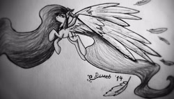 Size: 3200x1824 | Tagged: safe, artist:ressetkk, imported from derpibooru, oc, oc only, oc:lanteria, pegasus, pony, black and white, bored, female, flying, grayscale, mare, monochrome, photo, solo, wings