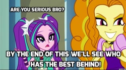 Size: 1024x572 | Tagged: safe, edit, edited screencap, imported from derpibooru, screencap, adagio dazzle, aria blaze, equestria girls, rainbow rocks, are you serious, caption, captioned, competition, female, humor, meme, silly, text, the dazzlings