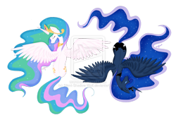 Size: 2969x2020 | Tagged: safe, artist:pvrii, artist:silent-shadow-wolf, imported from derpibooru, princess celestia, princess luna, alicorn, pony, both cutie marks, eyes closed, female, mare, simple background, spread wings, transparent background