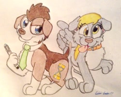 Size: 1024x820 | Tagged: safe, artist:silversimba01, imported from derpibooru, derpy hooves, doctor whooves, time turner, dog, collar, doctor who, dogified, sonic screwdriver, species swap, traditional art, winged dog