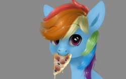 Size: 500x316 | Tagged: dead source, safe, artist:art-by-flier, imported from derpibooru, rainbow dash, pegasus, pony, bust, female, gray background, looking at you, mare, mouth hold, pizza, portrait, simple background, solo