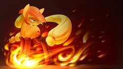 Size: 1920x1080 | Tagged: safe, artist:underpable, imported from derpibooru, part of a set, applejack, earth pony, pony, bioshock, bioshock infinite, crossover, dark background, devil's kiss, female, fire, fireproof boots, incinerate!, mare, plasmid, pyrokinesis, simple background, solo, vigor, wallpaper