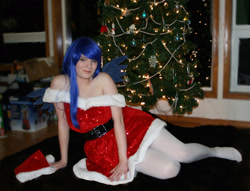 Size: 2144x1638 | Tagged: safe, artist:amaranthialunaris, imported from derpibooru, princess luna, human, christmas, christmas tree, clothes, cosplay, irl, irl human, missing shoes, pantyhose, photo, santa costume, tree