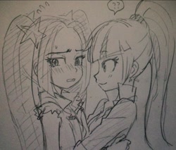 Size: 1024x872 | Tagged: safe, artist:baekgup, imported from derpibooru, aria blaze, sonata dusk, equestria girls, rainbow rocks, arisona, blushing, female, lesbian, monochrome, shipping, sketch, traditional art, tsundaria, tsundere