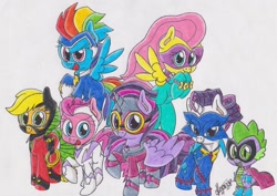 Size: 900x636 | Tagged: safe, artist:rhythm-is-best-pony, imported from derpibooru, applejack, fili-second, fluttershy, humdrum, mistress marevelous, pinkie pie, radiance, rainbow dash, rarity, saddle rager, spike, twilight sparkle, zapp, alicorn, pony, power ponies (episode), female, mane seven, mane six, mare, power ponies, twilight sparkle (alicorn)