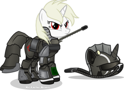 Size: 1024x744 | Tagged: safe, artist:vector-brony, imported from derpibooru, oc, oc only, oc:appletart longshot, pony, unicorn, fallout equestria, fallout equestria: broken steel, albino, angry, armor, helmet, power armor, powered exoskeleton, simple background, sniper, steel ranger, steel rangers, transparent background