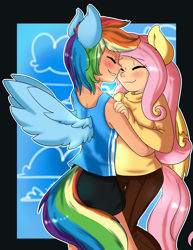 Size: 2975x3850 | Tagged: safe, artist:annakitsun3, imported from derpibooru, fluttershy, rainbow dash, human, clothes, eared humanization, female, flutterdash, humanized, lesbian, nuzzling, shipping, shorts, sweater, sweatershy, tailed humanization, tanktop, winged humanization