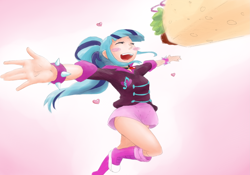 Size: 3435x2400 | Tagged: safe, artist:aisureimi, imported from derpibooru, sonata dusk, equestria girls, cute, female, happy, jumping, solo, sonatabetes, sonataco, taco, that girl sure loves tacos, that pony sure does love tacos, that siren sure does love tacos